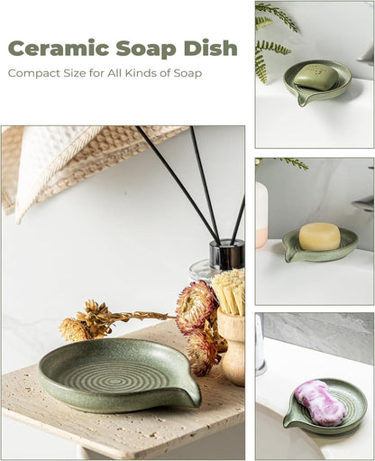 Self Draining Soap Dish, Ceramic Drain Soap Holder Waterfall Design Soap Saver for Shower, Bathroom, Sink, Kitchen and Countertop, Keeps Dry, Green
