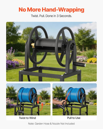 VEVOR Wall Mounted Garden Hose Reel, Holds 125 ft 5/8-inch Hose, Heavy-Duty Water Hose Winder, Space-Saving Design, Outdoor Manual Reel with Brass Fitting and Storage Basket for Yard Lawn