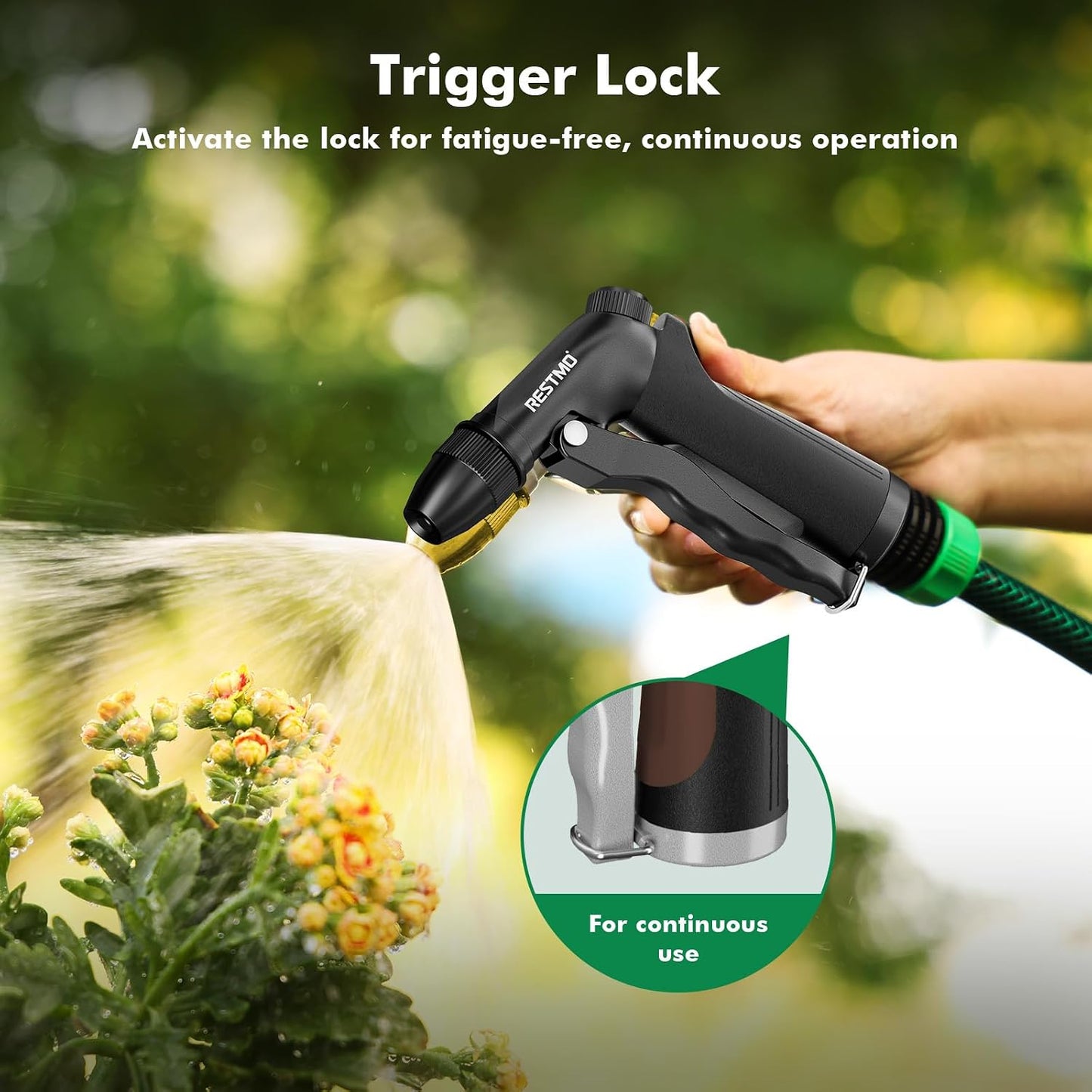 RESTMO Metal Water Hose Nozzle, Heavy Duty Garden Hose Sprayer for Outdoor | Adjustable Brass Spray Head, 4 Watering Patterns, Jet | Mist | Cone | Full, Leak-proof, Ideal for Lawn & Plant & Car, Green