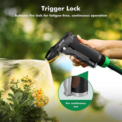 RESTMO Metal Water Hose Nozzle, Heavy Duty Garden Hose Sprayer for Outdoor | Adjustable Brass Spray Head, 4 Watering Patterns, Jet | Mist | Cone | Full, Leak-proof, Ideal for Lawn & Plant & Car, Green