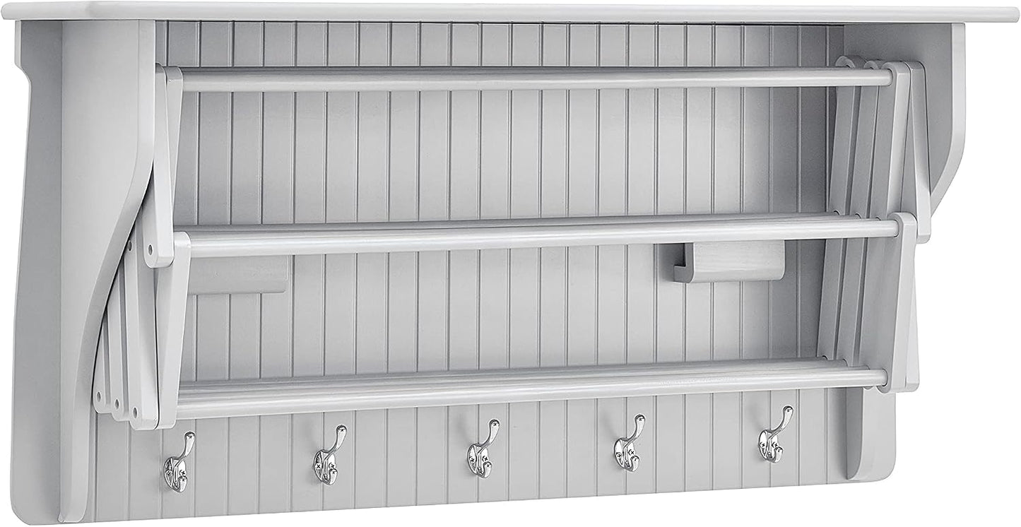 Danya B Accordion Clothes Drying Rack, Retractable, Wall Mounted Towel Rack and Hooks for Clothes and Towels for use in Laundry Room or Garage - White