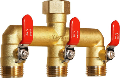 Garden Hose Splitter 3-Way, Heavy Duty Brass Hose Splitter | Outdoor Water Spigot Splitter, Full Flow, Long Handles, Shut-off Valves, Wide Spacing Fit Large Timer