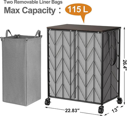 WOWLIVE Laundry Basket with Wheels, 142L Laundry Hamper 3 Section with Lid, Dirty Clothes Hamper with Removable Bags, Large Capacity Iron-Made Laundry Basket Organizer Laundry Sorter for Dorm, White