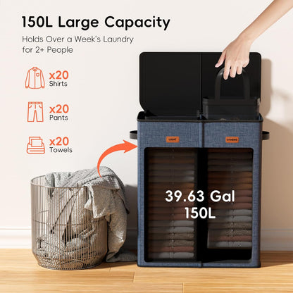 185L Laundry Hamper 3 Section, Laundry Hamper with Lid, Dirty Clothes Hamper with 3 Removable Washing Bags, Extra Large Laundry Basket Organizer for Bedroom, Laundry Room, Dorm - Black
