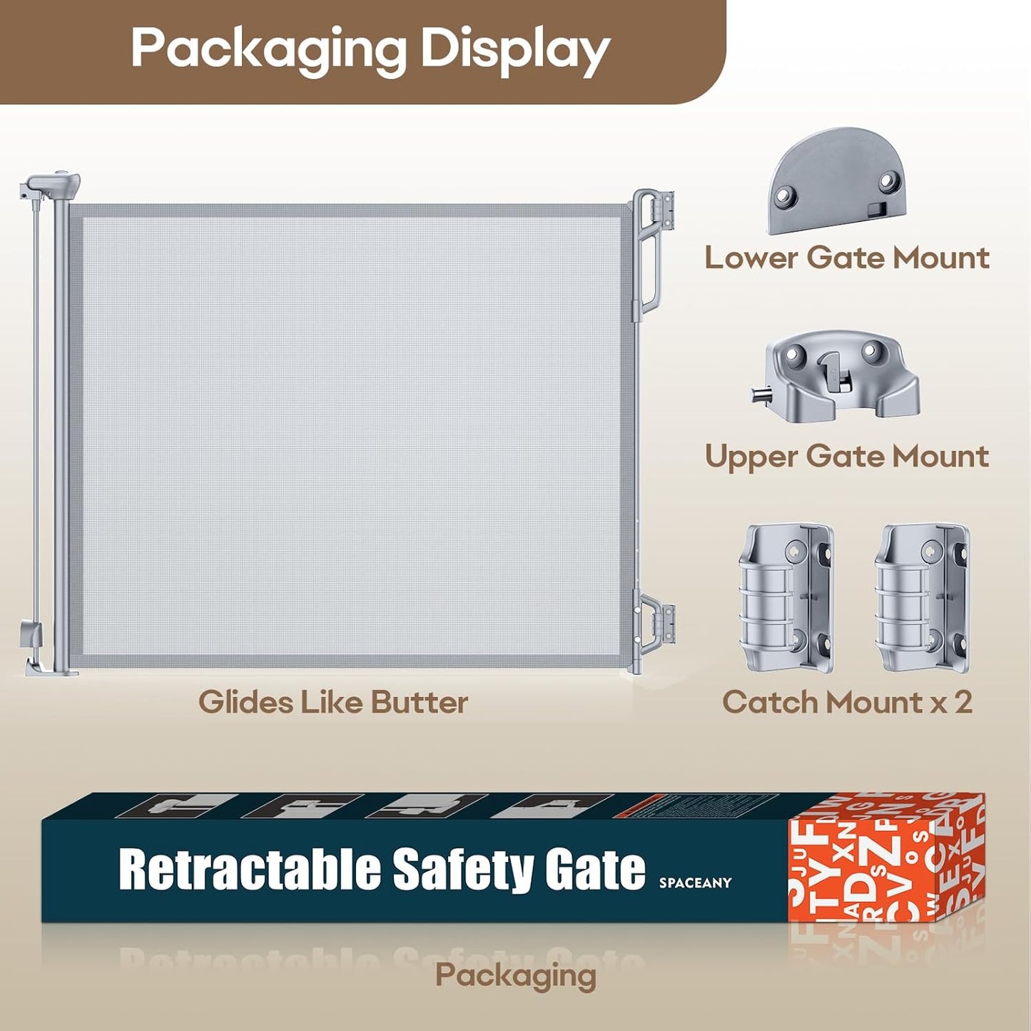 SPACEANY Retractable Safety Baby Gate or Mesh Dog Gate,Durable Portable Mesh Retractable Gate,Easy to Use for Stairs, Doorways, Hallways, Indoor, Outdoor, 33.5" Tall, Up to 45" Wide, Cream