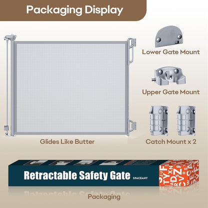 SPACEANY Retractable Safety Baby Gate or Mesh Dog Gate,Durable Portable Mesh Retractable Gate,Easy to Use for Stairs, Doorways, Hallways, Indoor, Outdoor, 33.5" Tall, Up to 45" Wide, Cream