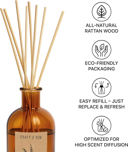 Craft & Kin Lily & Jasmine Diffuser Reed Diffuser | All Natural Essential Oil & 8 Rattan Scent Sticks | Reed Diffusers for Home, Bathroom | Long Lasting Home Fragrance in Amber Glass, 5.75oz