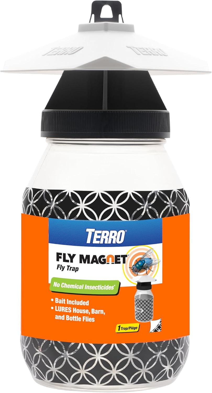 TERRO Fly Magnet Trap, Reusable Poison-Free Outdoor Fly Catcher with Bait | Kills House Flies, Barn Flies & Bottle Flies, Easy to Use Outdoor Fly Trap for Patios & Decks, Bait Activates in Hours
