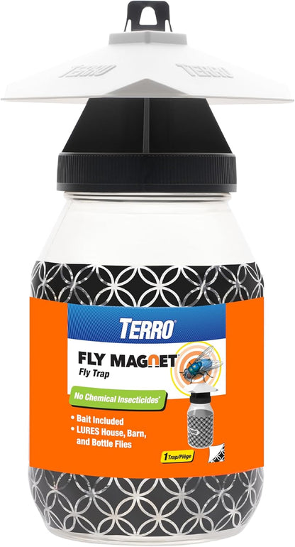 TERRO Fly Magnet Trap, Reusable Poison-Free Outdoor Fly Catcher with Bait | Kills House Flies, Barn Flies & Bottle Flies, Easy to Use Outdoor Fly Trap for Patios & Decks, Bait Activates in Hours
