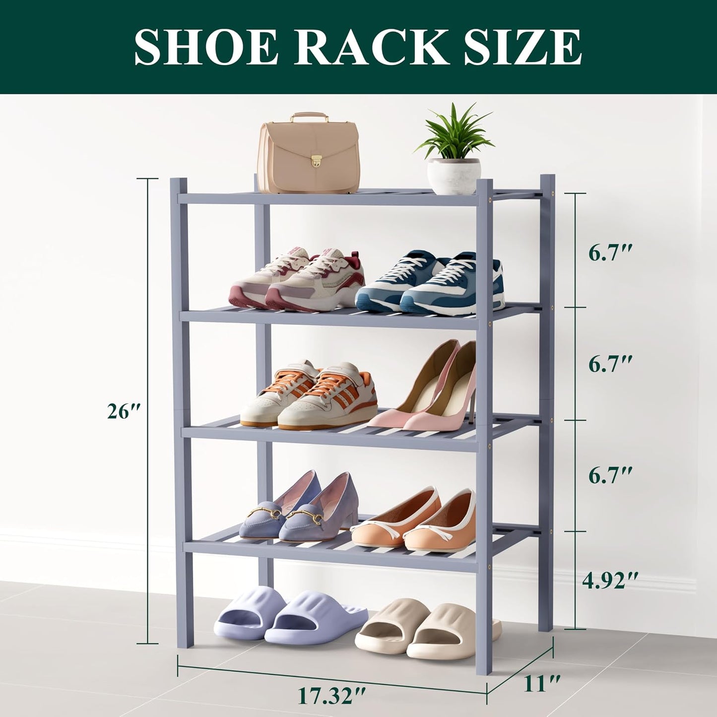 Smiry Bamboo Shoe Rack for Closet, 3 Tier Wooden Shoe Organizer, Stackable Wood Shoe Storage Shelf for Entryway, 14 Vertical Slats, One-piece Heavy-Duty Legs, 26.77"x11.02"x18.31", Natural