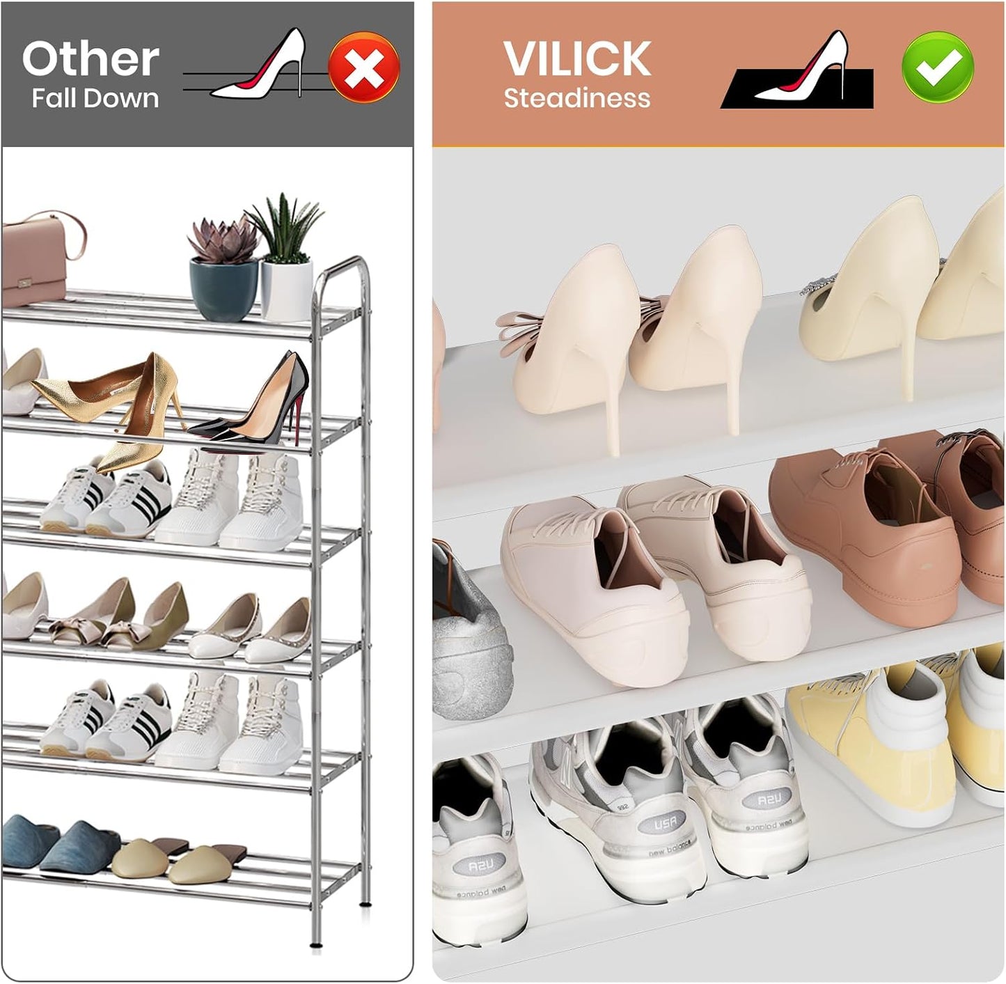 VILICK 5 Tier Shoe Rack with Hook and Side Pocket,Shoe Organizer Space Saver Storage for 20-25 Pair Shoe Storage Shelf Sturdy Free Standing Long Shoe Rack Organizer for Closet,Entryway,Small Spaces