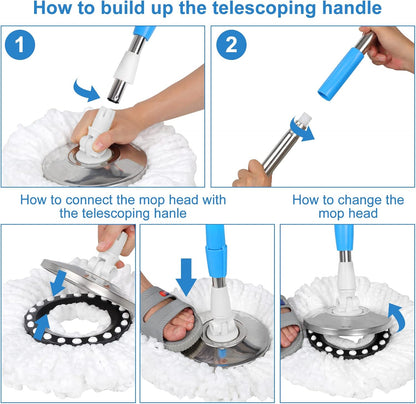 Spin Mop and Bucket with Wringer Set, 360° Spinning Mop Bucket System with 3 Microfiber Mop Replacement Heads and 50" Stainless Steel Adjustable Handle for Floor Cleaning