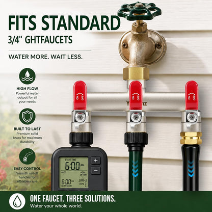 Garden Hose Splitter 3-Way, Heavy Duty Brass Hose Splitter | Outdoor Water Spigot Splitter, Full Flow, Long Handles, Shut-off Valves, Wide Spacing Fit Large Timer