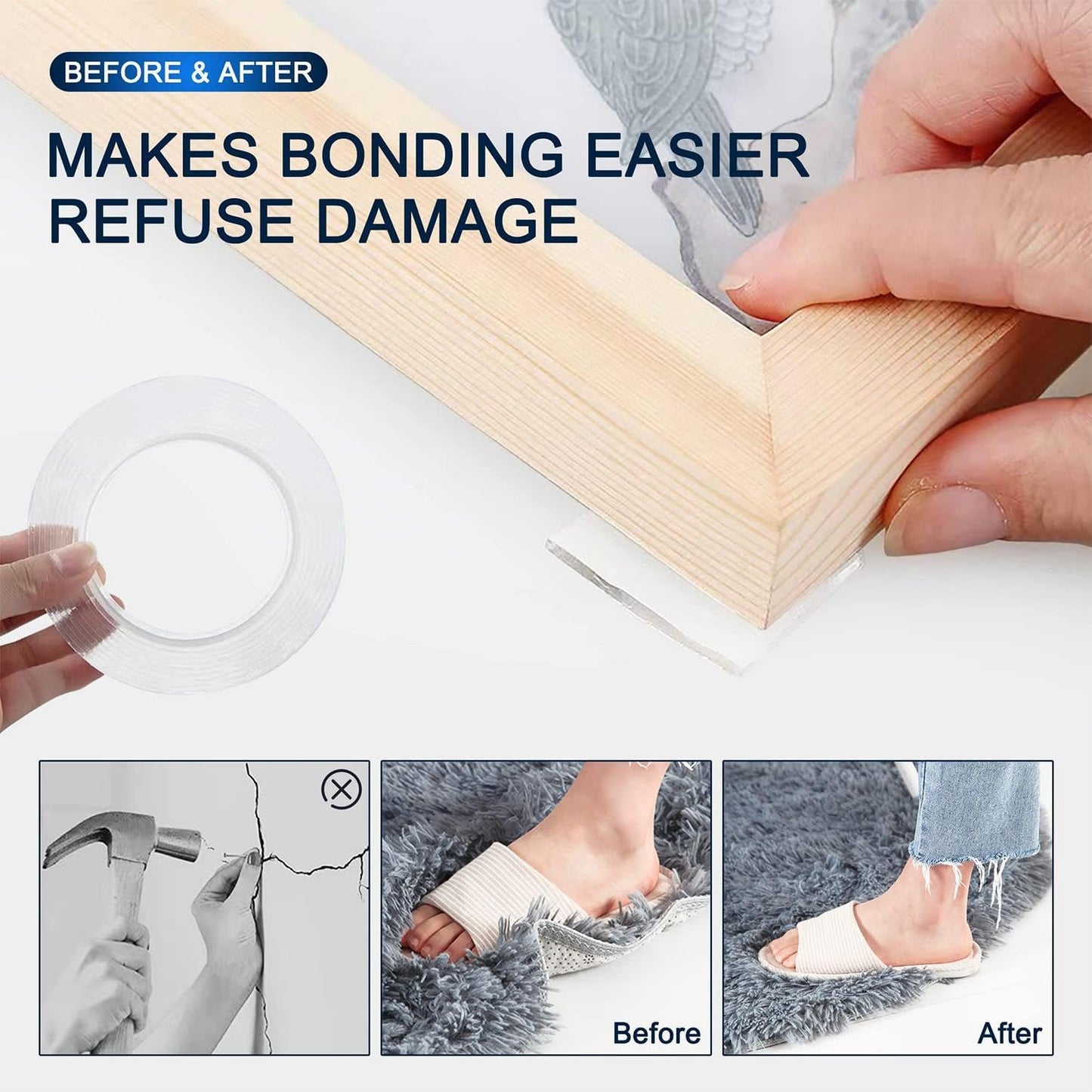 2 Inch x 10 FT Nano Double Sided Tape, Clear Heavy Duty Mounting Tape | Washable reusable gel adhesive, cuttable strips, smooth surface grip, no drilling for home office decor