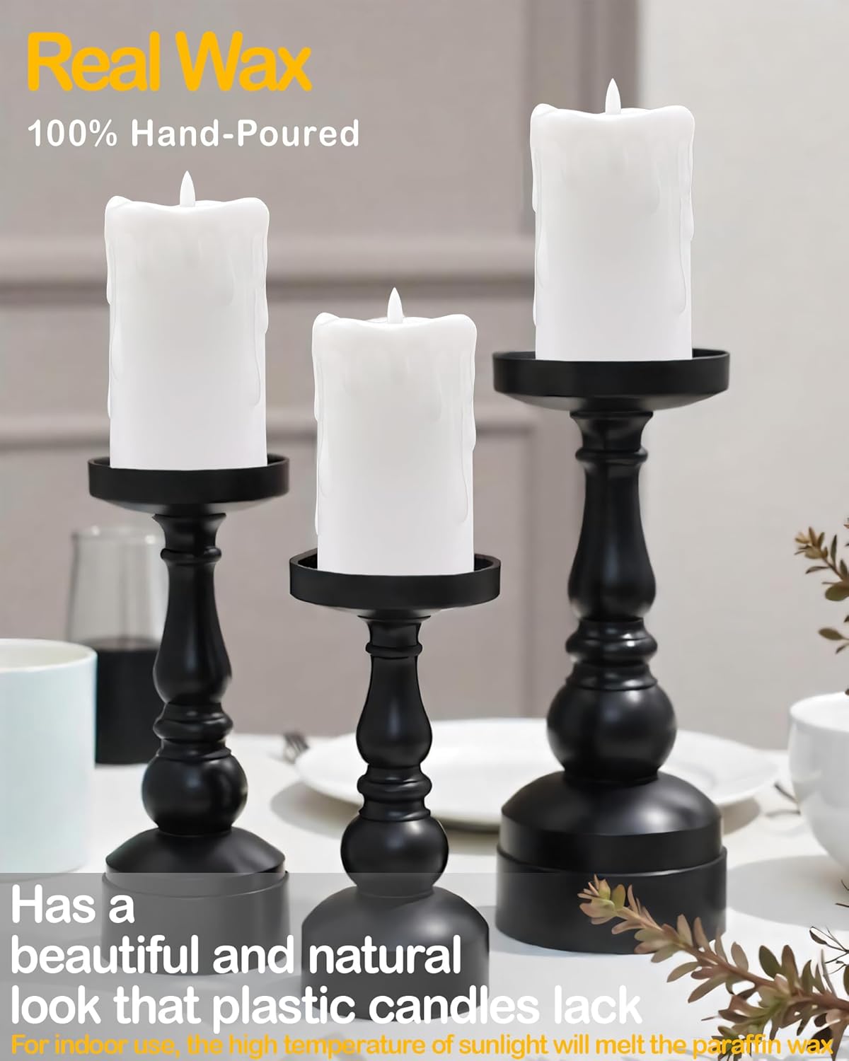 Gmnee 3"x4" Flickering Flameless Candles with Remote Timer, Real Wax, Ivory Pillar Candles, Set of 3 Fake LED Battery Operated Candles for Home, Fireplace, Centerpiece, Rustic and Farmhouse Decor