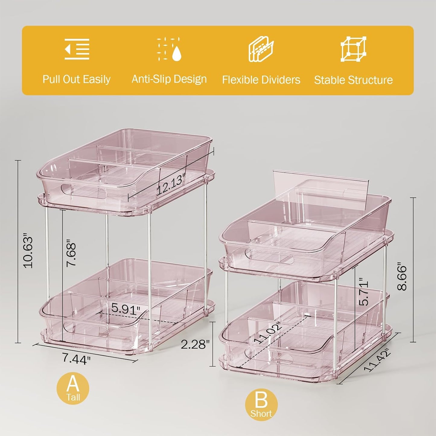 Delamu 2-Tier Under Sink Organizers and Storage, Multi-Purpose Stackable Bathroom Cabinet organizers, Pull Out Kitchen Pantry Organization and Storage with Dividers(2 Pack, Clear)