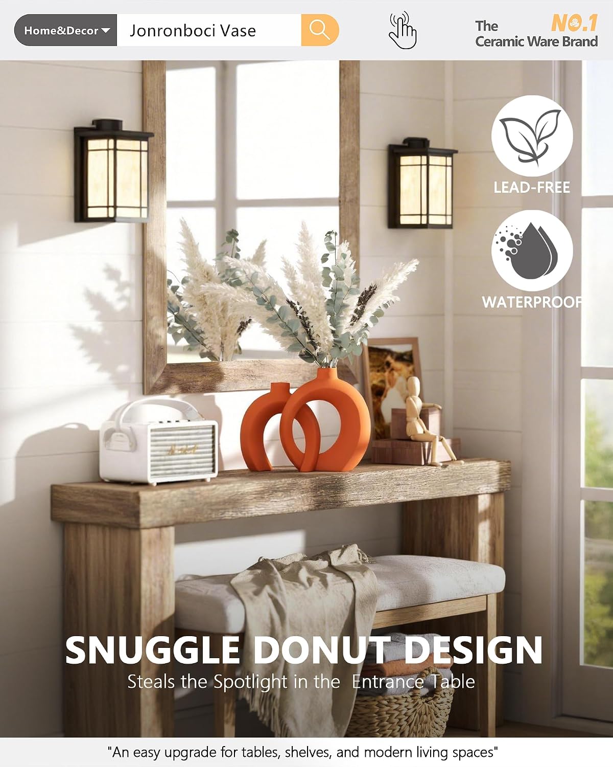 7.2″Hx8.9″H Donut Shape Decorative Vase Set of 2, Ceramic, Modern Minimalism Styles, Flowers or Plant Table Vases for Home Decor Living Room Shelf Entry Console Mantle Dining Centerpiece (Matte White)