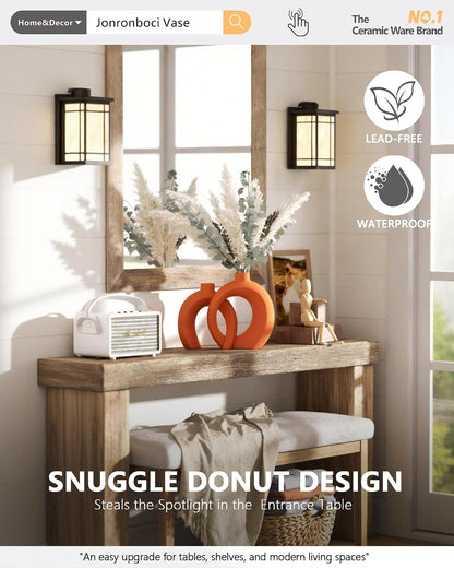 7.2″Hx8.9″H Donut Shape Decorative Vase Set of 2, Ceramic, Modern Minimalism Styles, Flowers or Plant Table Vases for Home Decor Living Room Shelf Entry Console Mantle Dining Centerpiece (Matte White)