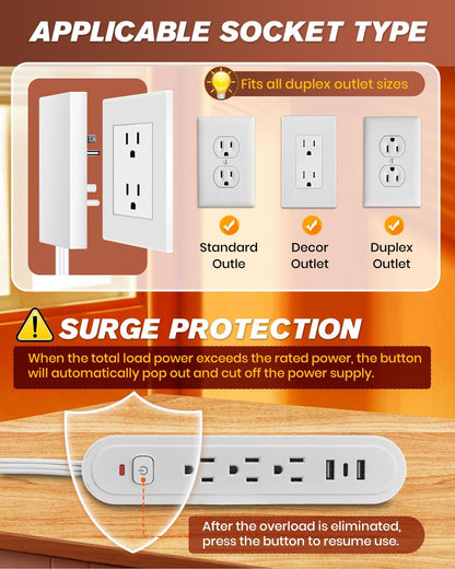 Saker Outlet Concealer Power Strip | 5ft Flat Plug Extension Cord with 3 Outlets,1625W | Universal Size Outlet Cover Baby Proofing | Cover Extension Cord for Kitchen, Home and Office