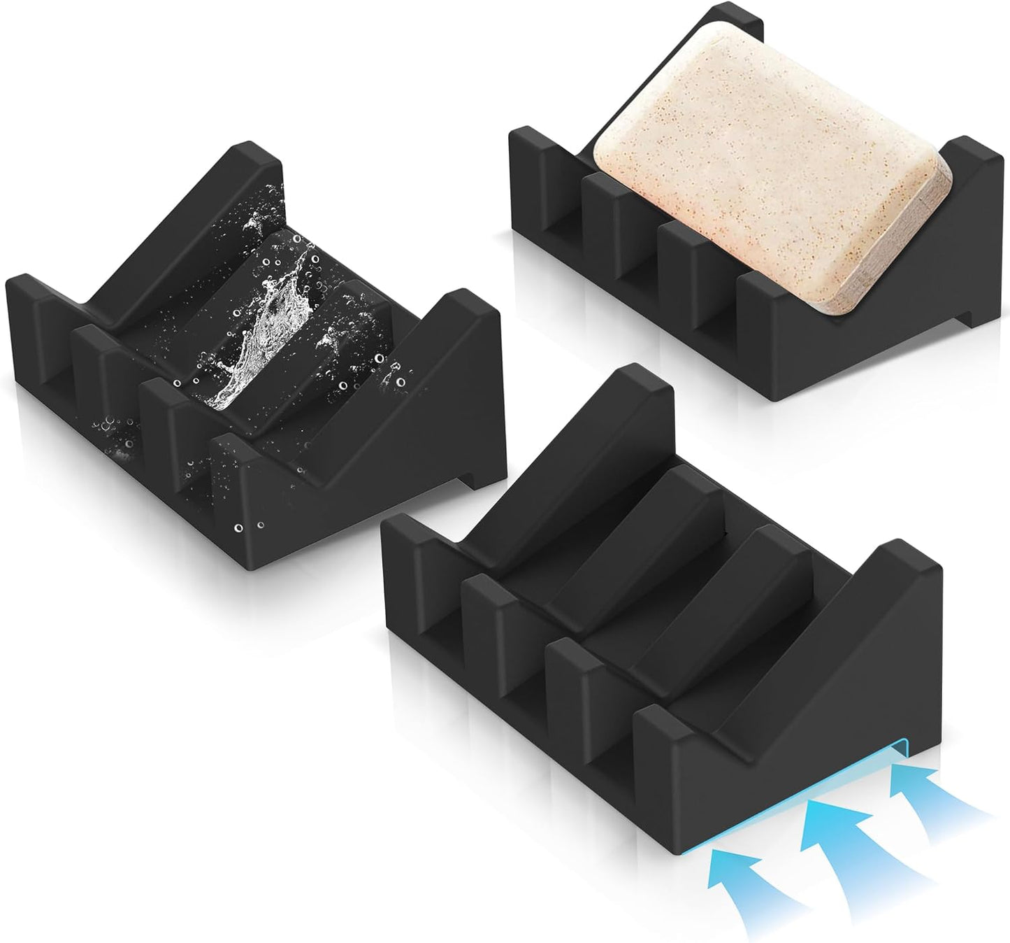 Silicone Soap Dish Set,3PCS Self Draining Soap Holder for Bar Soap | Self draining silicone soap dish with drainage,waterfall design keeps bar soap dry,extended soap holder for shower,bathroom