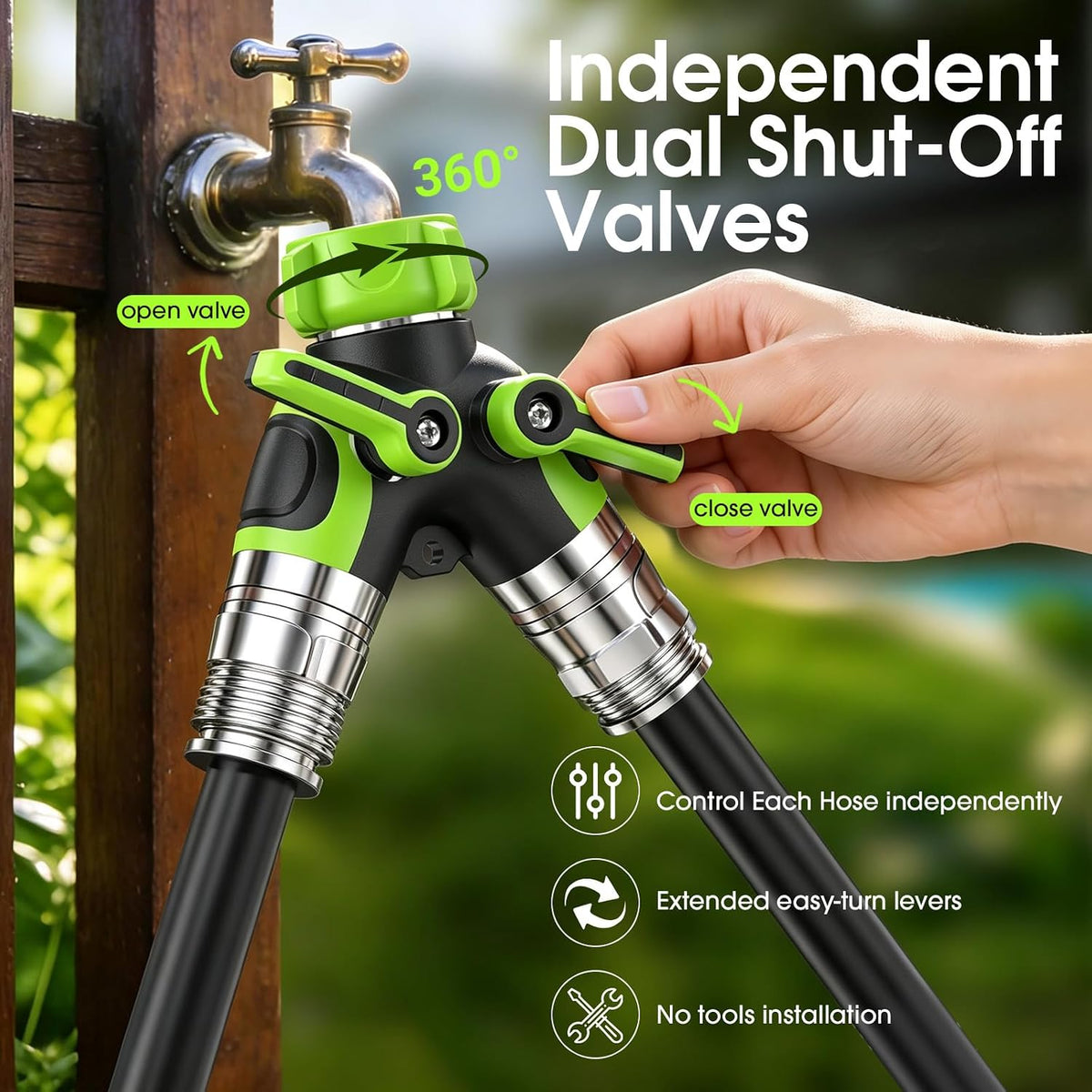 Insoma Hose Splitter 2 Way, Heavy Duty Garden Hose Splitter, 100% Metal Water Hose Connector with Dual Shut Off Valves, 3/4 Inch GHT Spigot Splitters with Extra Long Metal Handle for Outdoor Faucet