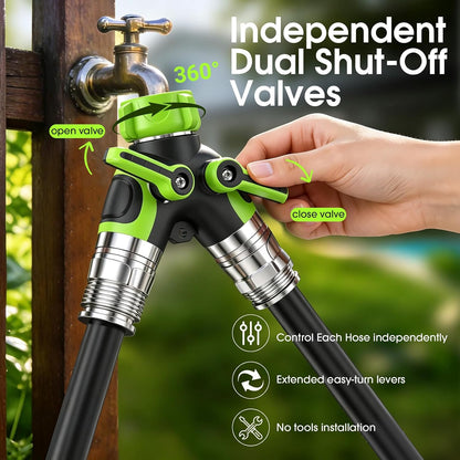 Insoma Hose Splitter 2 Way, Heavy Duty Garden Hose Splitter, 100% Metal Water Hose Connector with Dual Shut Off Valves, 3/4 Inch GHT Spigot Splitters with Extra Long Metal Handle for Outdoor Faucet