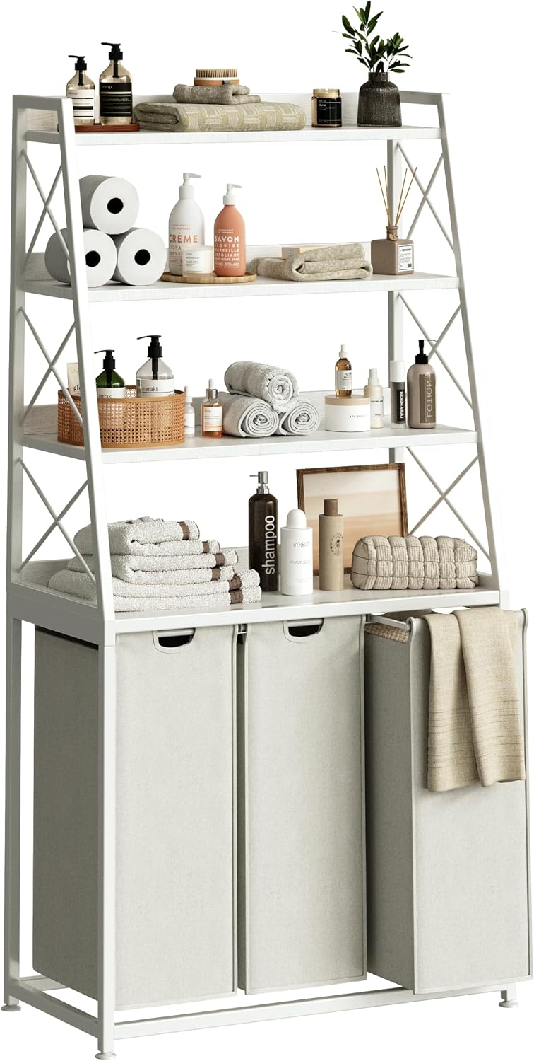 Herture Laundry Basket, 3 Section Laundry Hamper with 4 Tiers Shelf, Pull-Out and Removable Laundry Bags, Large 3 x 15.87 Gallons, for Laundry Room Bathroom Rustic Brown PF05XLN