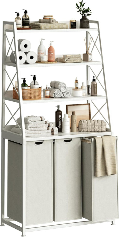 Herture Laundry Basket, 3 Section Laundry Hamper with 4 Tiers Shelf, Pull-Out and Removable Laundry Bags, Large 3 x 15.87 Gallons, for Laundry Room Bathroom Rustic Brown PF05XLN