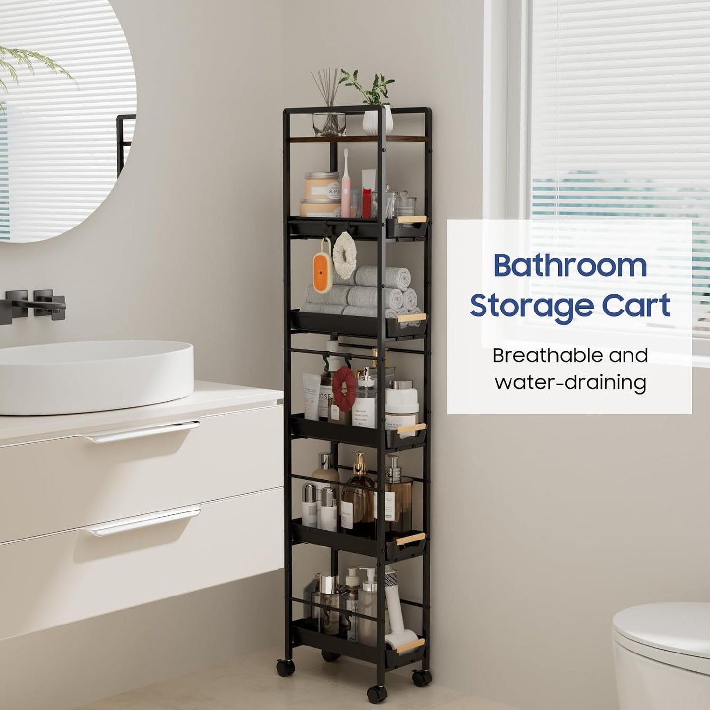 6 Tier Slim Storage Cart with Pull-Out Baskets Rolling Cart with Wheels Wood Top Narrow Utility Cart Metal Shelving Units for Pantry Laundry Room Bathroom Kitchen White 8in(W)
