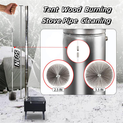 50-inch Long Tent Wood Burning Stove Pipe Cleaning Brush with Stainless Steel Bristles, and Chimney Cleaning Wire Brush with 4 Flexible Rods, 2.5'' Brush Heads