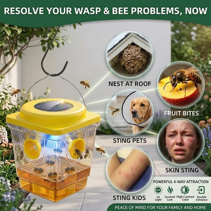 4 Pack Solar Wasp Traps Outdoor Hanging: Reusable Yellow Jacket Traps with LED Light - Effective Solar Powered Carpenter Bee Traps for Deck - Waterproof Wasp Deterrent for Garden & Yard (4)