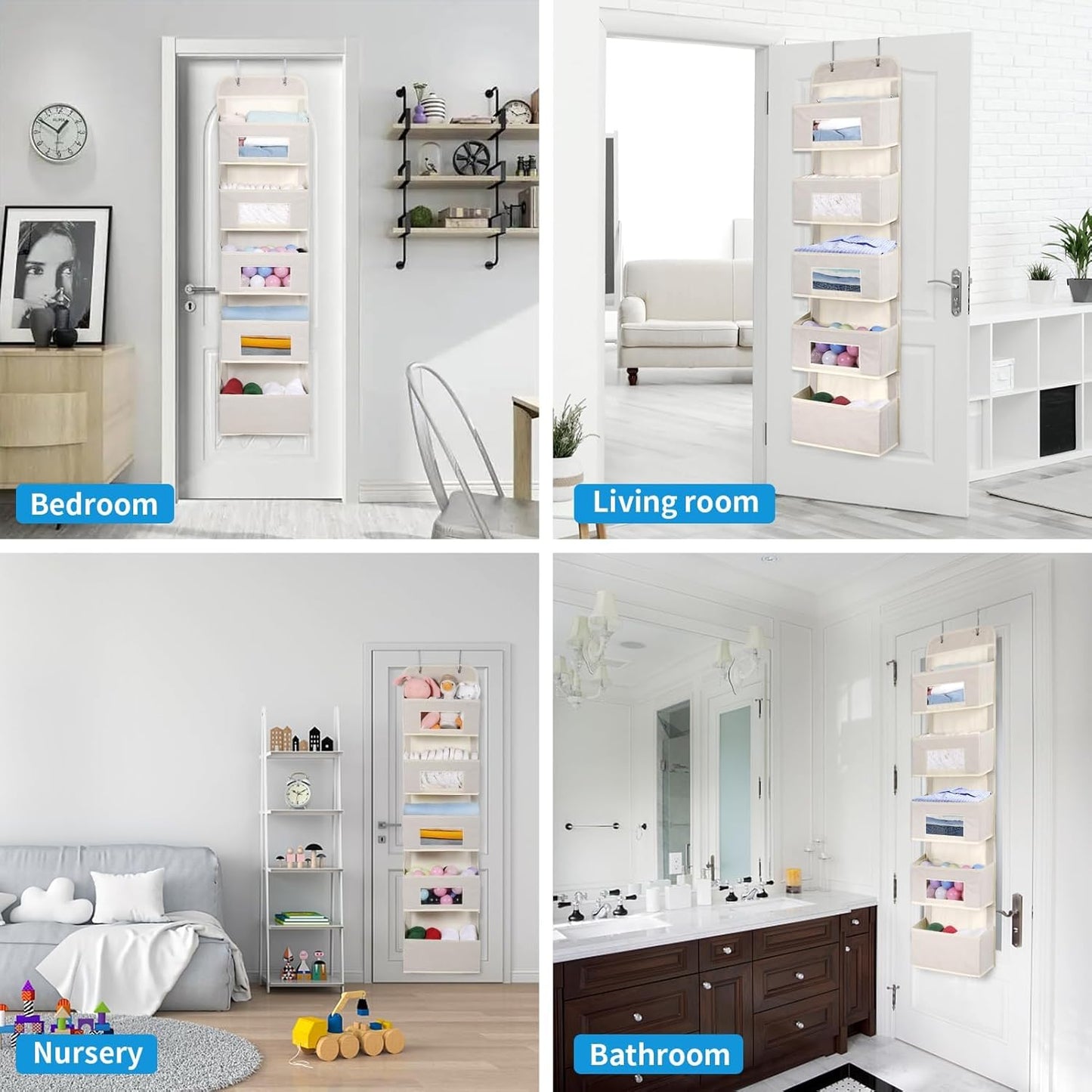 MAX Houser 4-Shelf Over The Door Hanging Organizer with 2 Metal Hooks, Gray | 4 Pocket Swing-proof Behind Door Organizers with Clear Windows for Bathroom Closet, Dorm