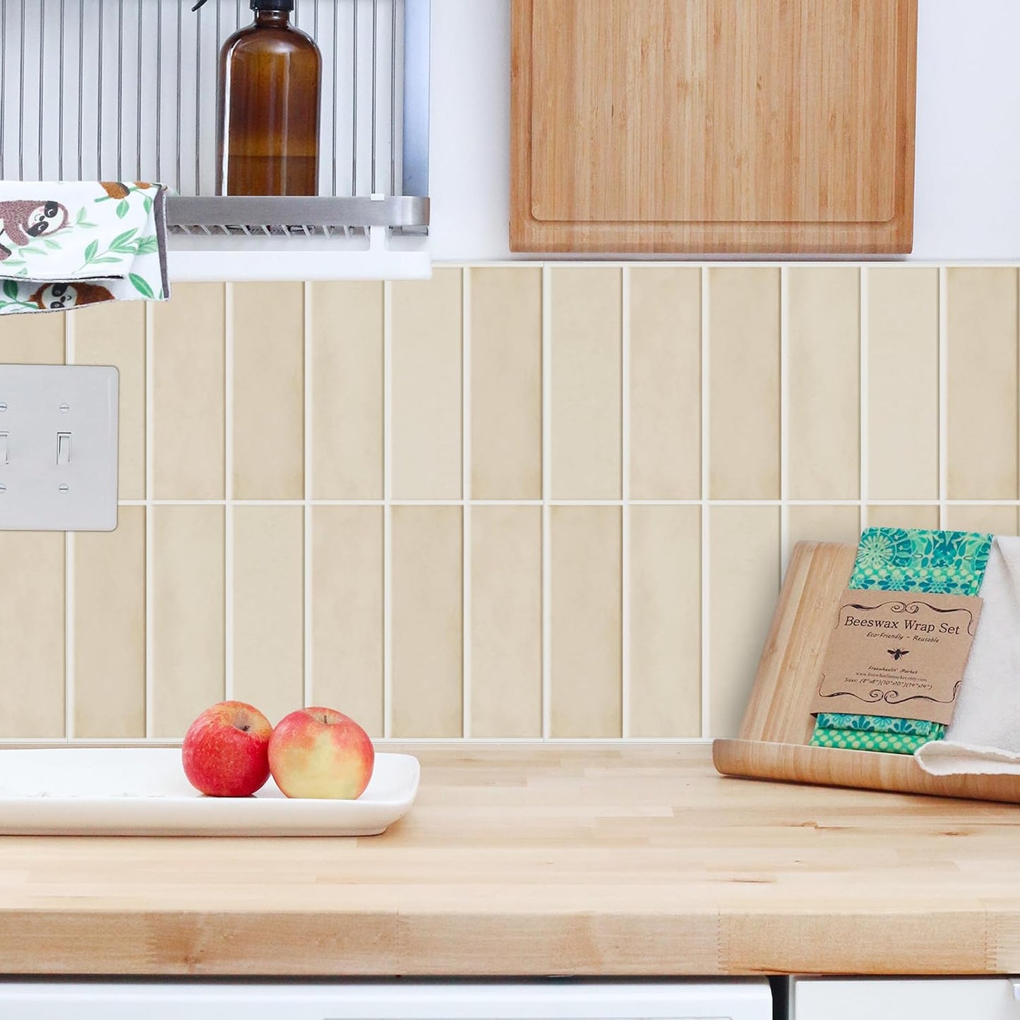 Peel and Stick Subway Backsplash Tiles, 5 Pack, 12 x 12 in, Almond | extra thick 3D wall panels, heat and water resistant wall panels, easy DIY kitchen, bathroom, laundry, fireplace wall décor