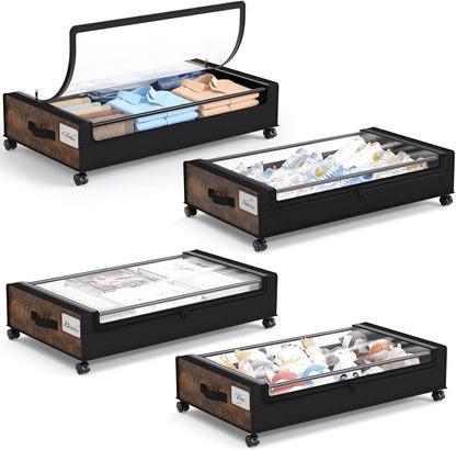 Yecaye Under Bed Storage with Wheels, 2 Pack Under Bed Storage Containers, 60L Underbed Shoe Storage with Clear Window & Label, Rolling Under Bed Metal Drawer for Clothes, Shoes, Books, Blankets