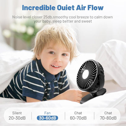 BDXXJ Portable Clip on Fan, 360° Rotate Battery Operated Stroller Fan, 3 Speed Quiet Mini Personal Table Fan, USB Rechargeable Clooing Fan for Outdoor Camping Golf Cart Stroller Home Office Black