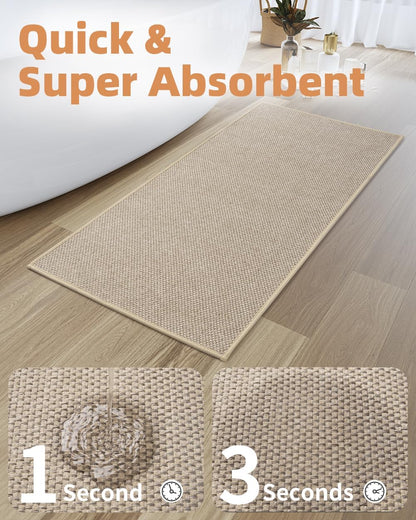 PADOOR Non-Slip Bath Mat With Rubber-Backing, Braided Absorbent Machine Washable Thin Rug for Bathroom Floor, Quick Dry, Fits Under Door, 17''x24'' Beige