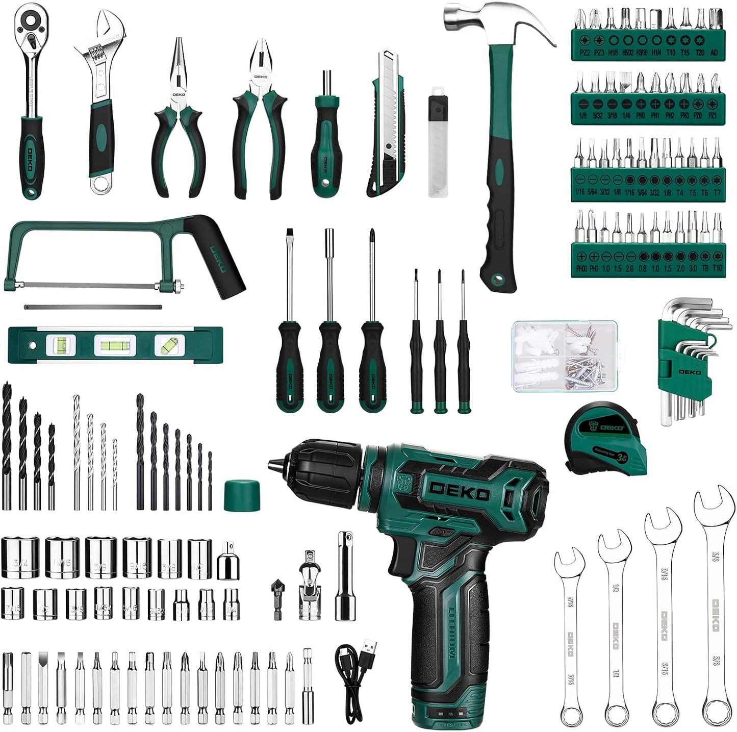 Pink Tool Kit Box Drill Set：DEKOPRO Home Mechanic Toolbox with 12V Power Cordless Drill Hand Repair Tools Sets Combo Kits Storage Organizer Drawer Case for Men & Women