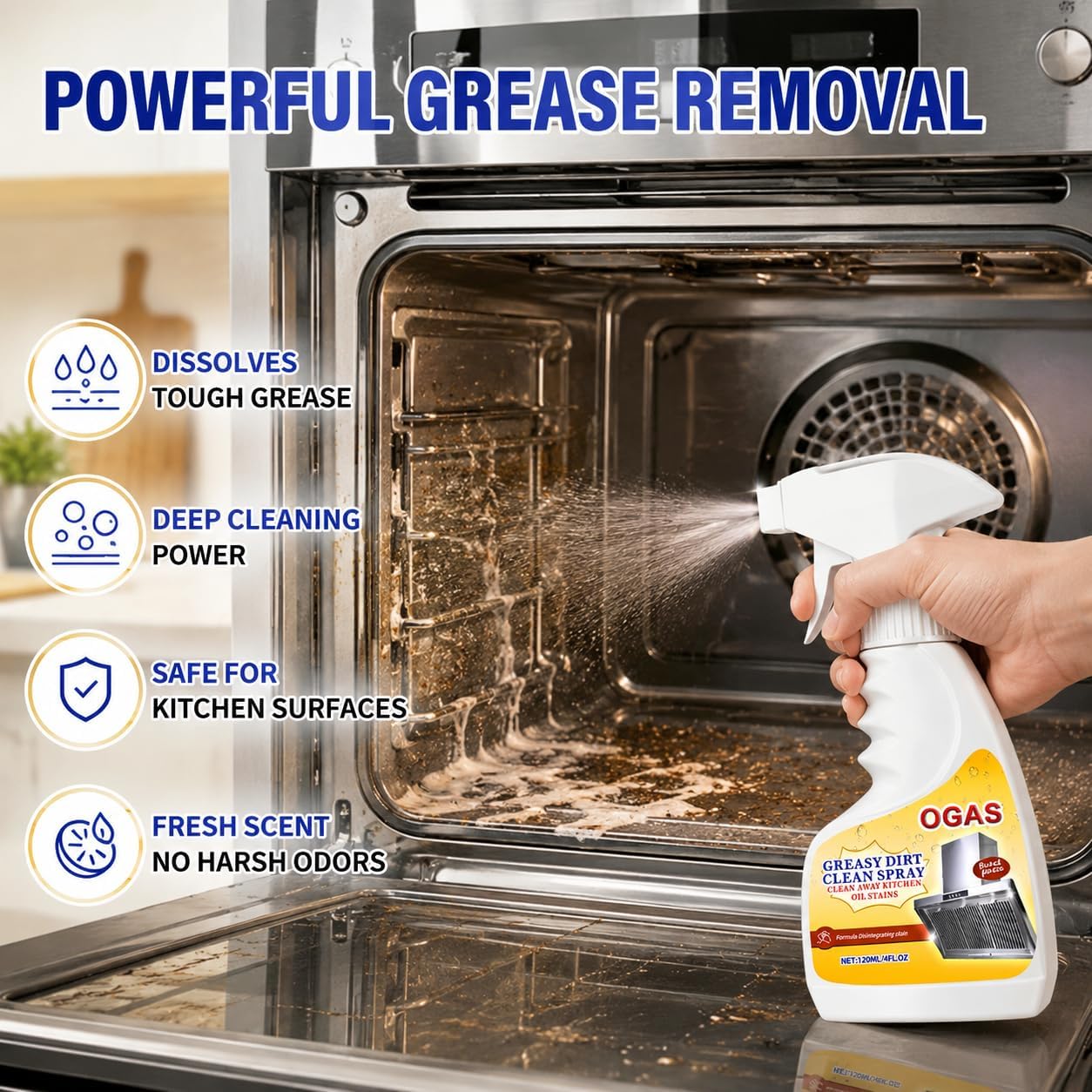 Portable Kitchen Degreaser Foam Spray, Compact Oil Cleaner 4oz | Perfect for RV, camping, travel & studio counters; safe on stainless steel, ceramic; fast-acting rinse-free stain cutting
