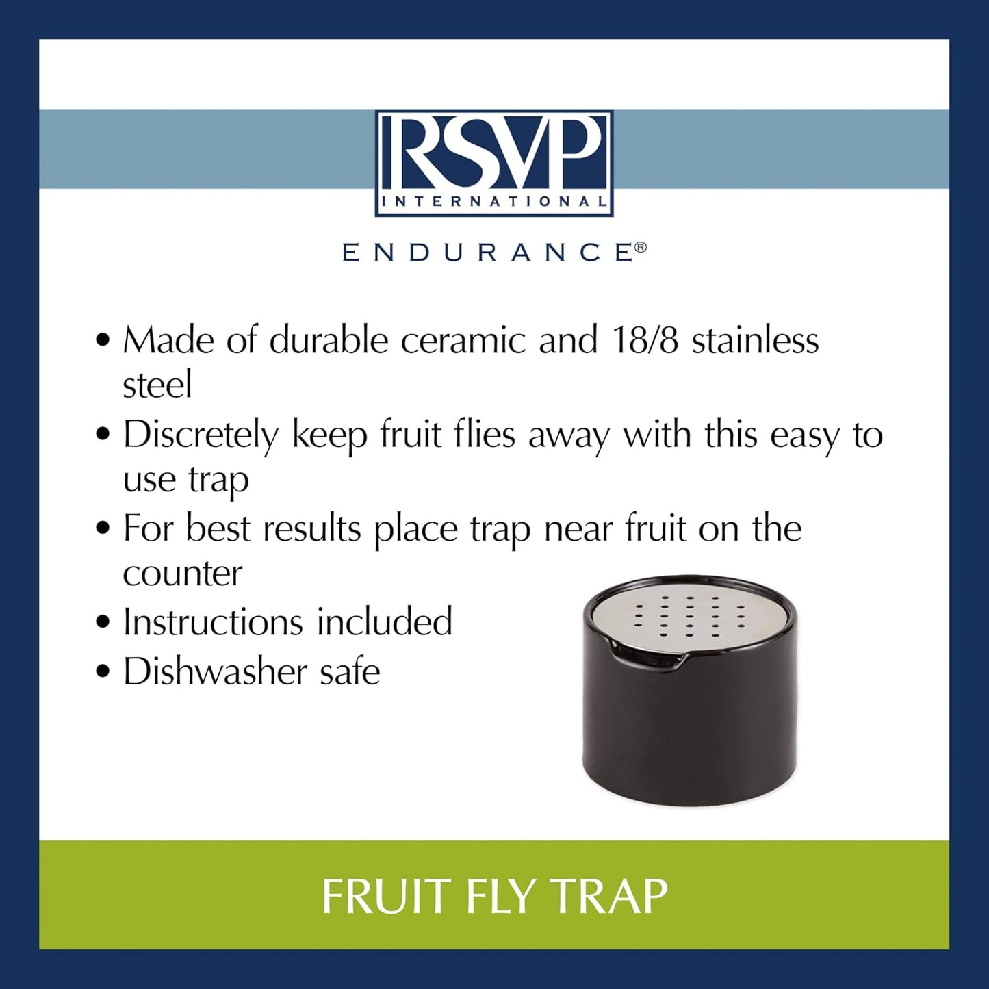 RSVP Reusable Ceramic Fruit Fly Trap for Indoors – Kitchen Fly Catcher Jar with Stainless Steel Vent Lid, Eco-Friendly & Dishwasher Safe Design, Uses Natural Vinegar Bait (Black)