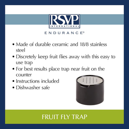 RSVP Reusable Ceramic Fruit Fly Trap for Indoors – Kitchen Fly Catcher Jar with Stainless Steel Vent Lid, Eco-Friendly & Dishwasher Safe Design, Uses Natural Vinegar Bait (Black)