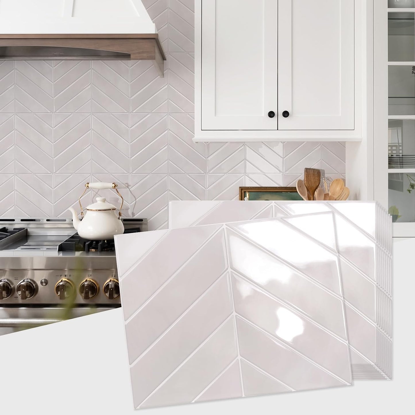 STICKGOO 10 Sheets Thicker Herringbone Peel and Stick Backsplash, 12.6”×9.7” Stick on Wall Tiles, Self Adhesive Tile Sticker for Kitchen Backsplash and Bathroom, White with Grey Grout