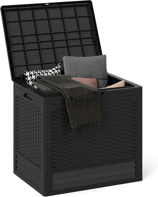 Tangkula 25 Gallon Waterproof Outdoor Storage Box with Lockable Lid | PP Resin, Wicker Patterned, Indoor Outdoor Use, Portable, Versatility, for Deck, Pool, Patio Cushions, Garden Tools
