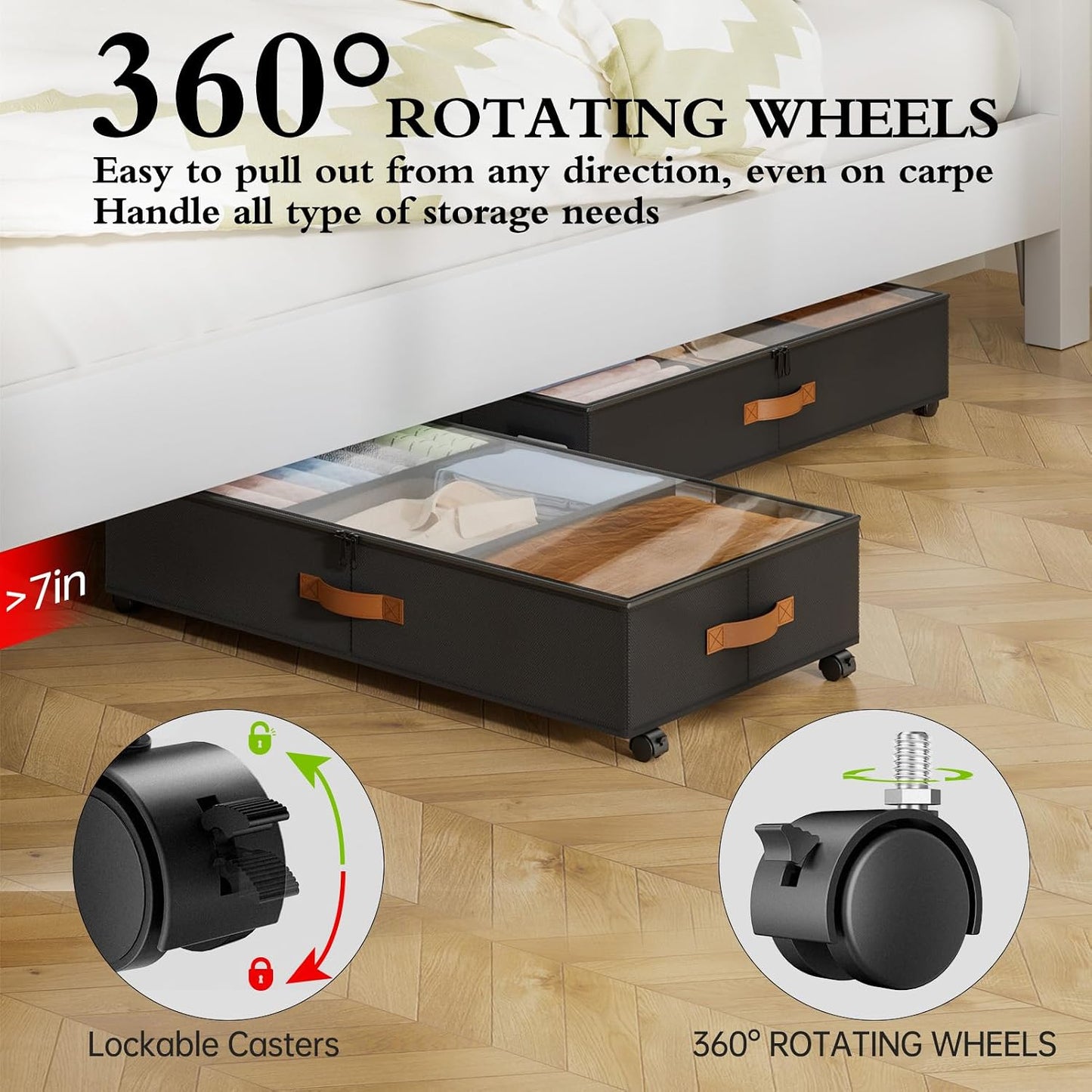 Yecaye Under Bed Storage with Wheels, 2 Pack Under Bed Storage Containers with Adjustable Dividers & Clear Lid, Rolling Underbed Organizer Bins Drawer for Clothes, Shoes, Blankets(30.3 x 16 x 6.7in)
