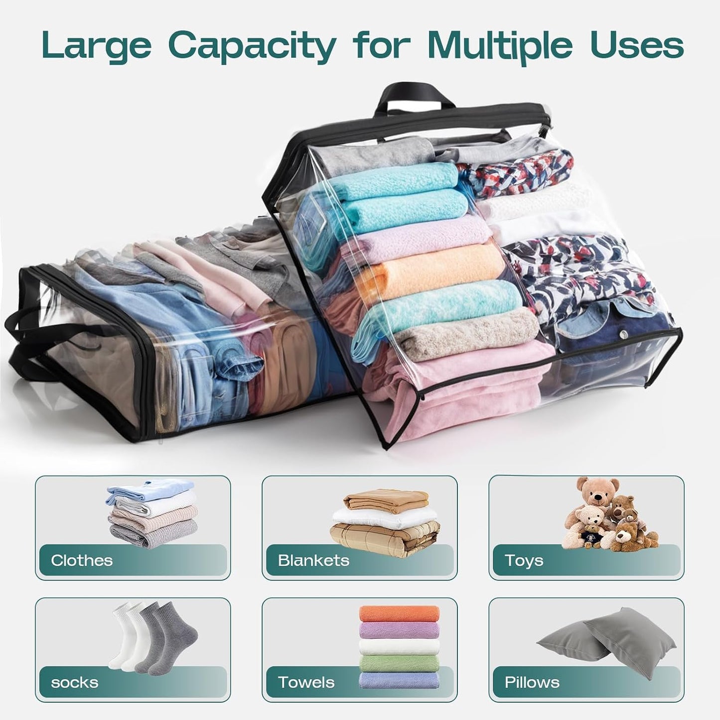 5PACK Clear Zippered Storage Bag for Clothes, 22L Clear Storage Bags, and Blanket Storage Bags for Bedding, Blankets, Comforters, Clothing, Books, DVD & CD (White)