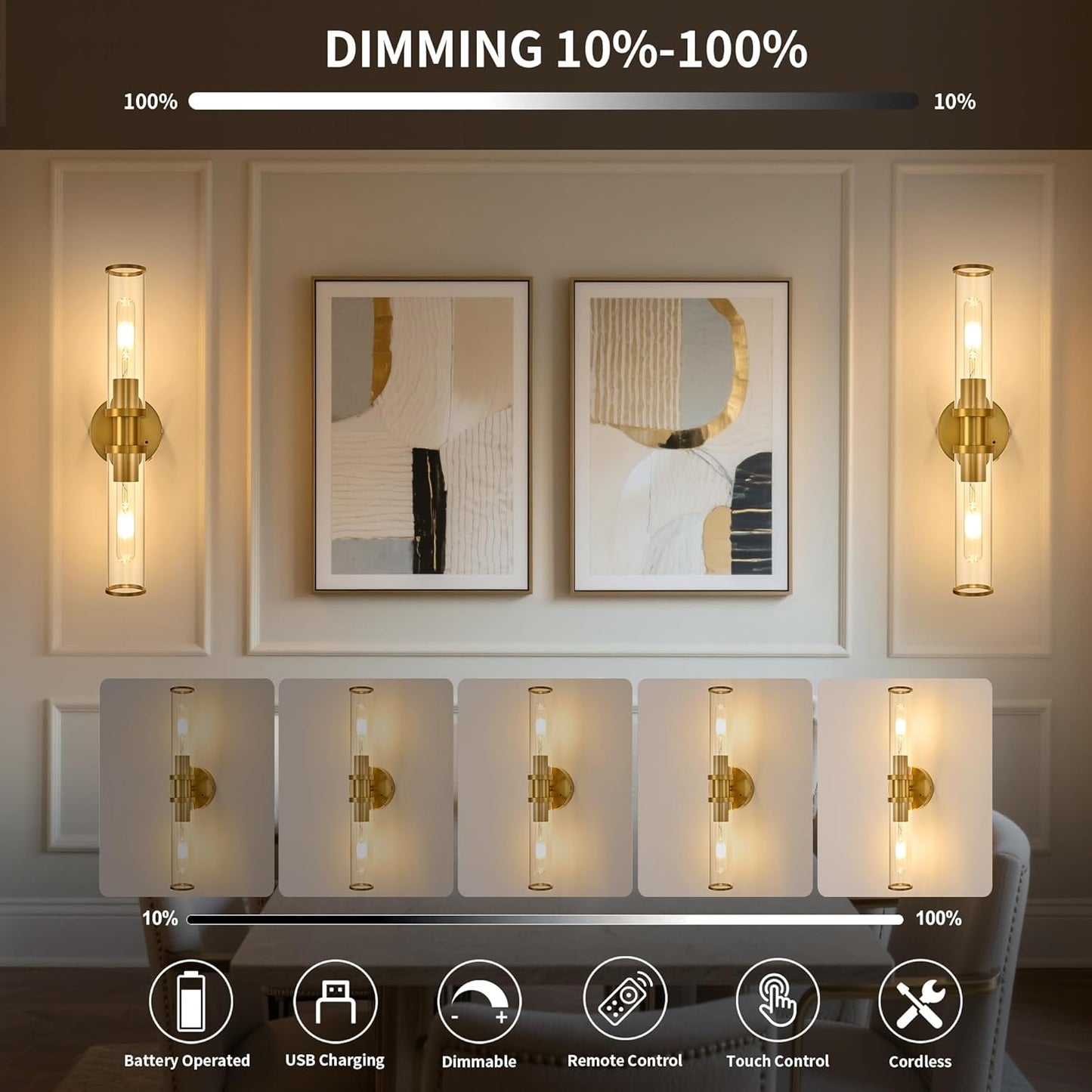 Wireless Wall Sconces with Remote Control, Battery Operated Wall Sconce Set of 2 with Timer, Gold Rechargeable Dimmable Glass Wall Lights for Living Room Bedroom Hallway Entryway 3000K, 20.5 Inch