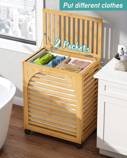 Black Laundry Hamper with Wheels, Laundry Basket with Lid, 22.5 Gallon (85L) Bamboo Wood Clothes Laundry Hamper 2 Section with Handles, Removable Liner