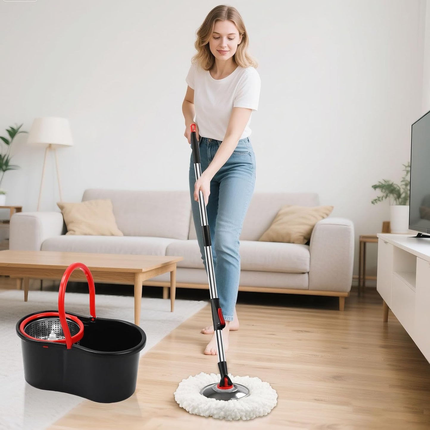 Spin Mop and Bucket with Wringer Set, 360° Spinning Mop Bucket System with 3 Microfiber Mop Replacement Heads and 50" Stainless Steel Adjustable Handle for Floor Cleaning
