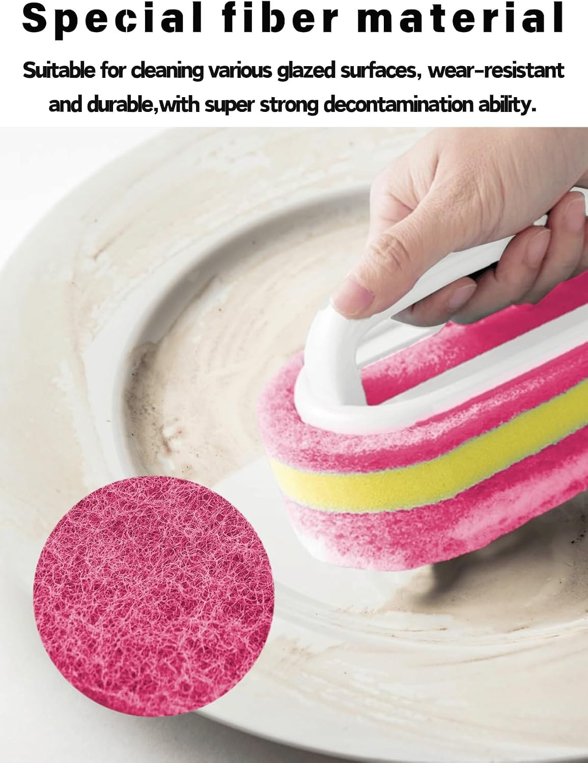 Ergonomic Long Handle Sponge Brush Set Durable Scouring 3 Pack Pad Shower Scrubber for Bathroom Bathtub Tile Grout Kitchen Sink Pot Cleaning Tool Non Scratch Heavy Duty Wand (Hot Pink)