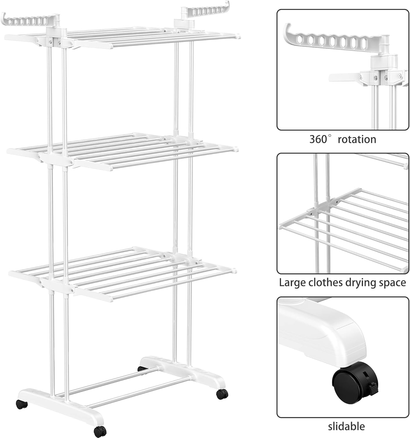 HOMIDEC Clothes Drying Rack, Oversized 4-Tier(67.7" High) Foldable Stainless Steel Drying Rack Clothing, Movable Drying Rack with 4 castors, 24 Drying Poles and 14 Hooks for Bed Linen, Clothing, Grey