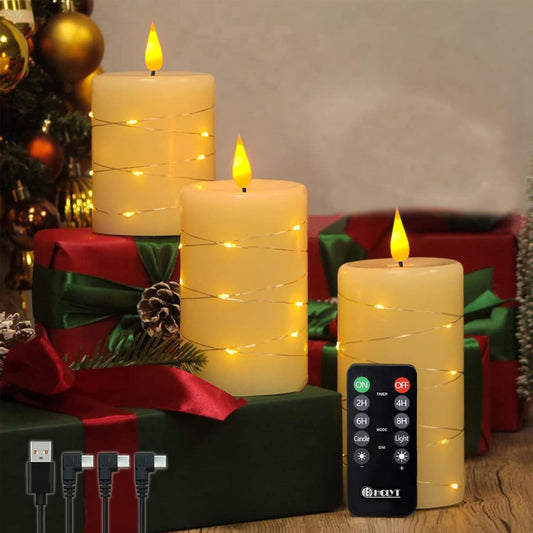 LEDHOLYT Rechargeable Flameless Glass Pillar Candles–Gifts for Women,–Set of 3, Realistic Flickering LED Light,Remote & Timer, Ideal for Living Room, Bedroom & Festival Wedding Home Party Decor